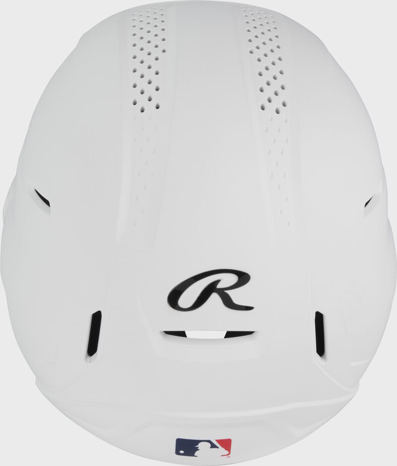 Back of a white Rawlings RX2 Reverse batting helmet