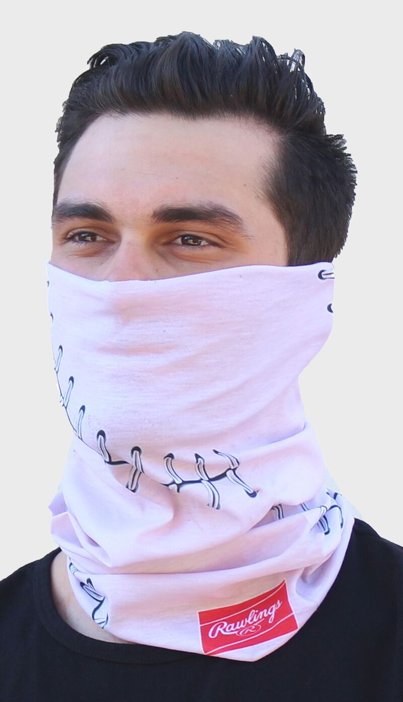 A guy wearing a pink baseball stitch Rawlings multi-functional head and face cover over his mouth and nose - SKU: RC40001-681
