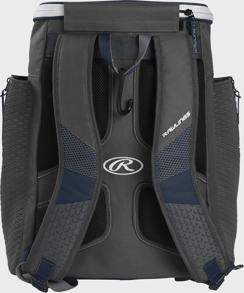 Back of a navy Rawlings Impulse baseball backpack with gray shoulder straps - SKU: IMPLSE-N