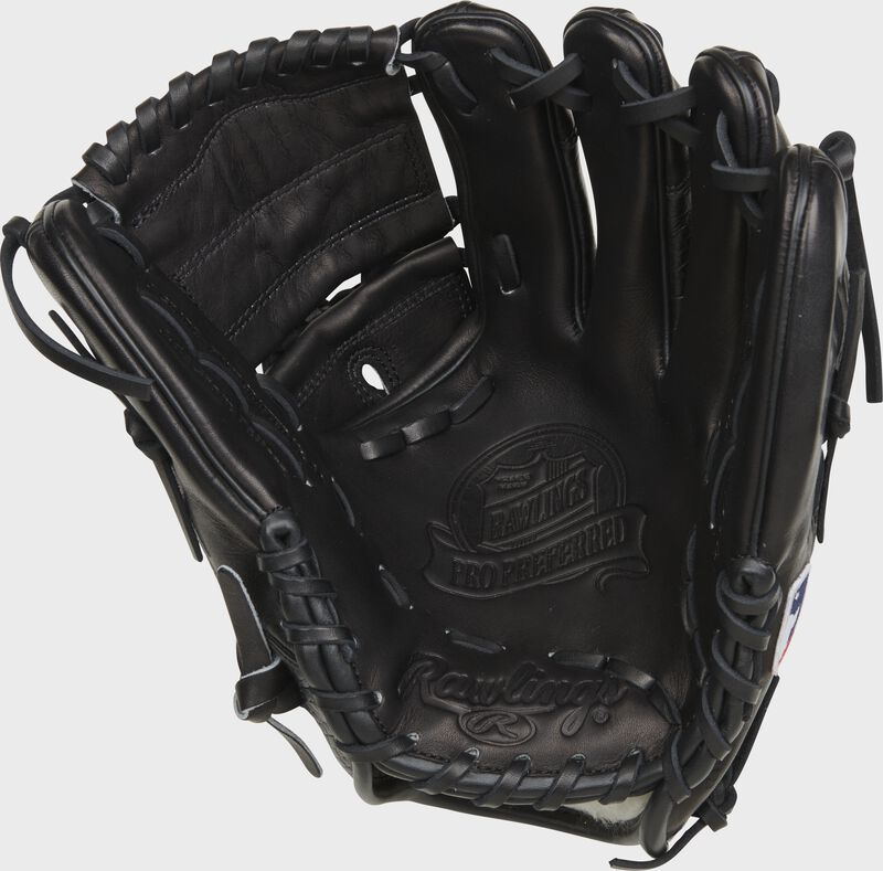Black palm of a Rawlings Jacob deGrom Pro Preferred glove with black laces - SKU: PROSJD48