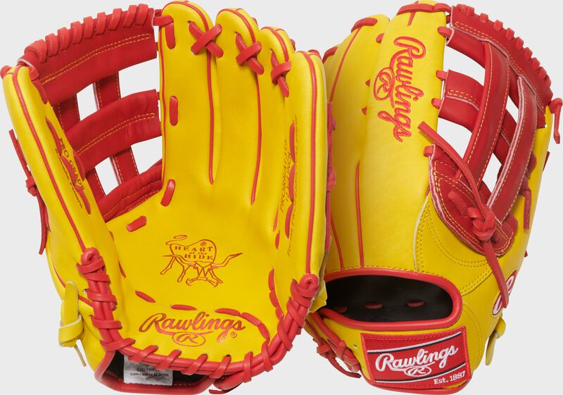 Two images showing the palm & back of a yellow/red Ronald Acuna Jr. Heart of the Hide glove