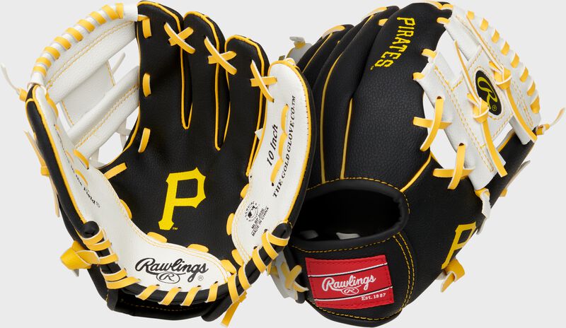 Two images showing the palm & back of a black Pittsburgh Pirates team logo youth glove loading=