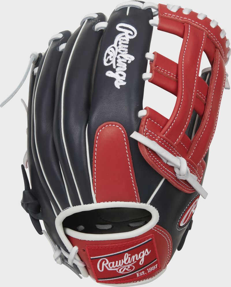 Navy back of a Breakout 12.75-Inch H-web outfield glove with a red Rawlings patch - SKU: RSGBOYPT6-6NS