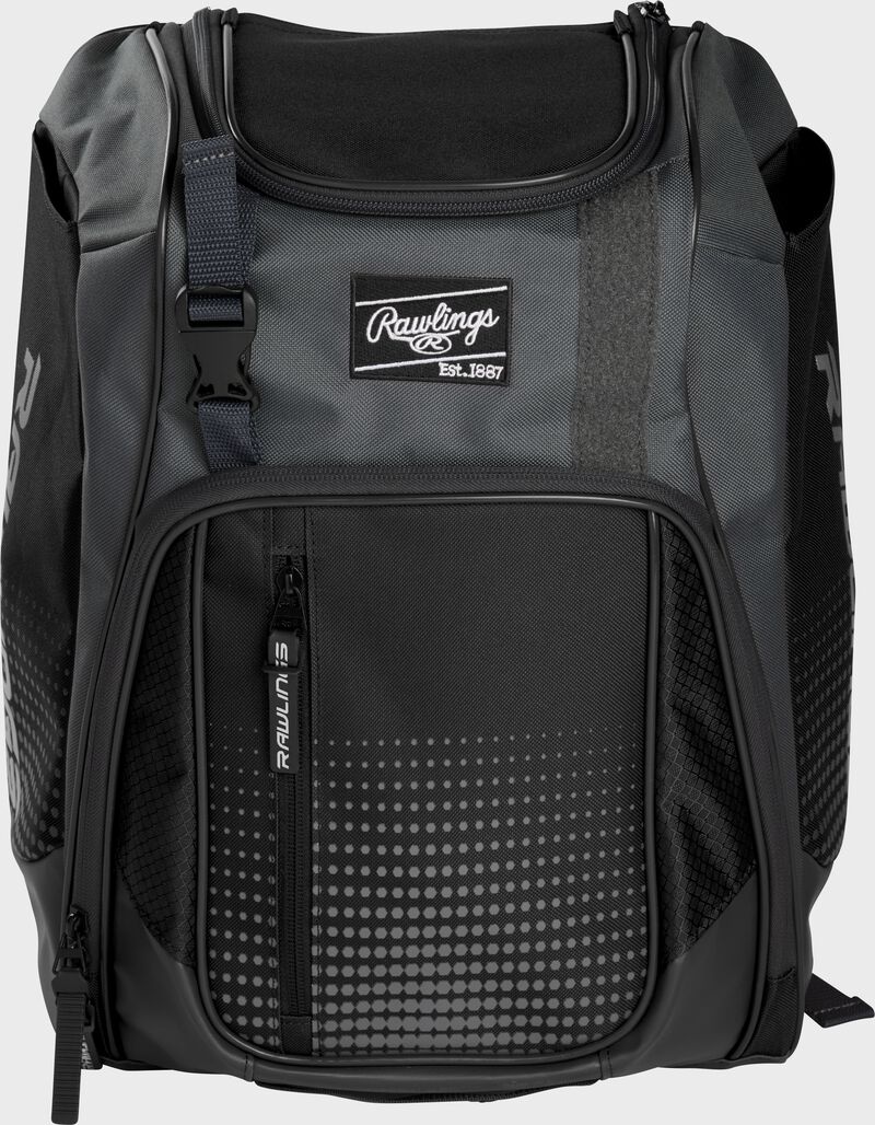 Front of a black Franchise baseball backpack with gray accents and a black Rawlings patch - SKU: FRANBP-B