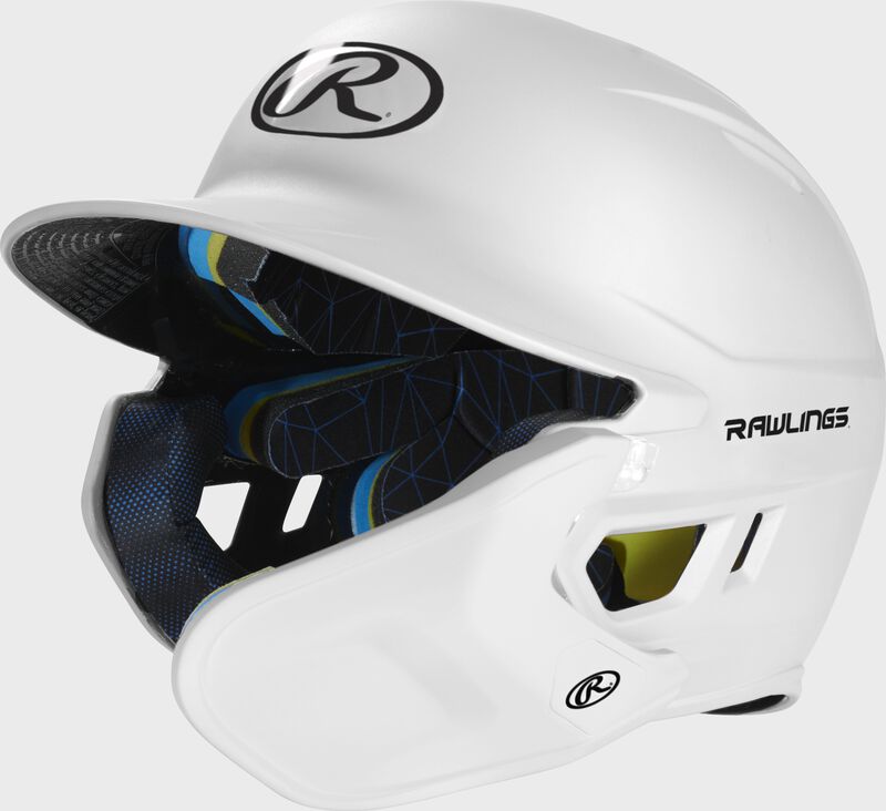Front left-side view of White Rawlings Mach Carbon Batting Helmet - SKU: MAAR