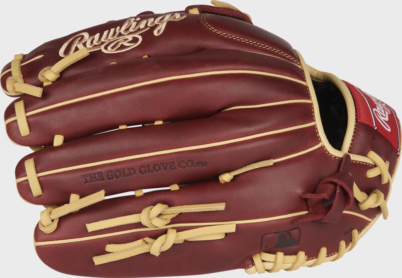 Back of a sherry 12.75-Inch Sandlot Series outfield glove with the MLB logo on the pinky - SKU: S1275HS