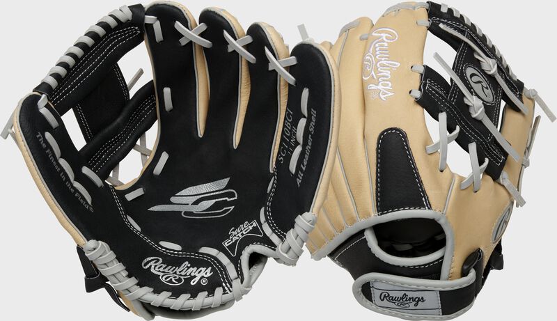 Two images showing the palm & back of a black/camel Sure Catch 11" youth I-web glove loading=