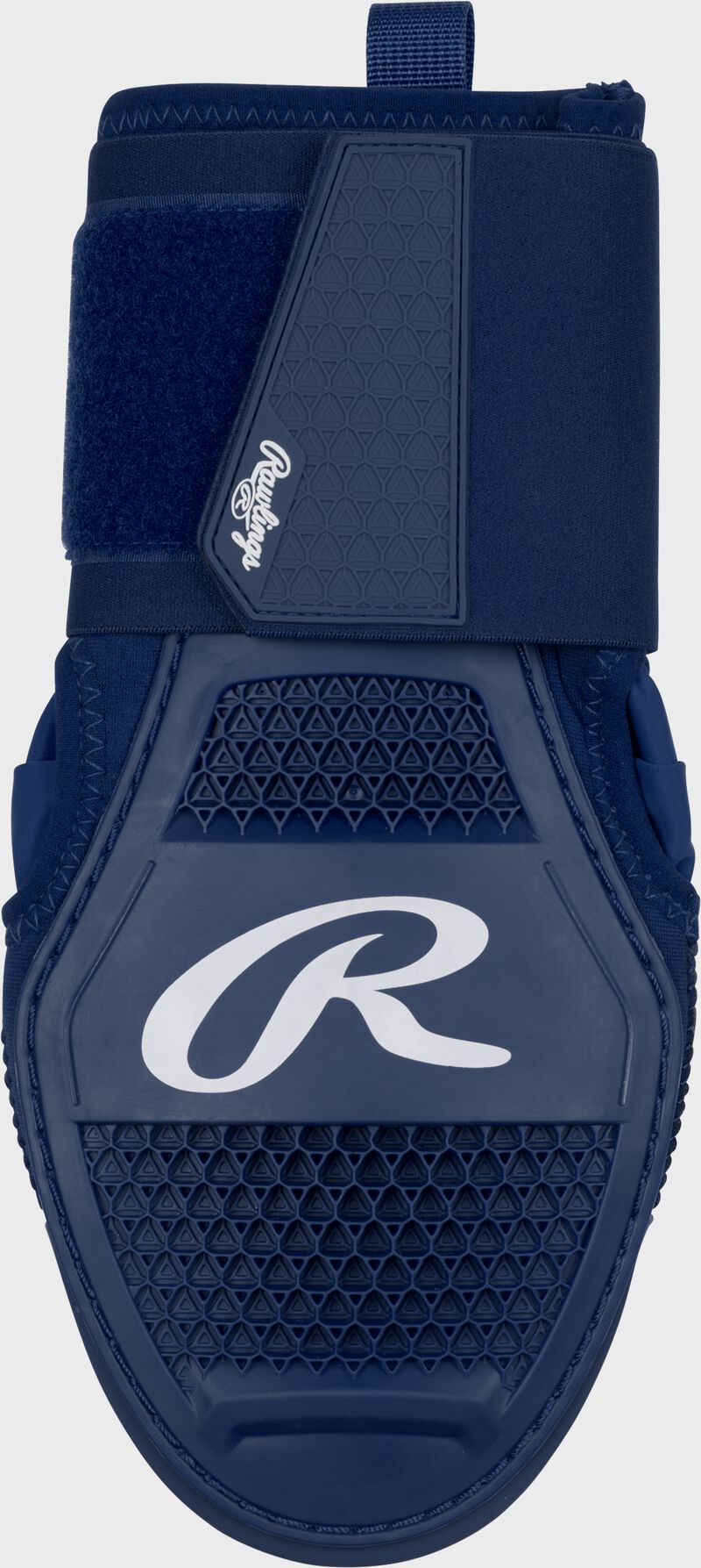 Back of hand of a navy Rawlings sliding mitt with a white "R" logo loading=