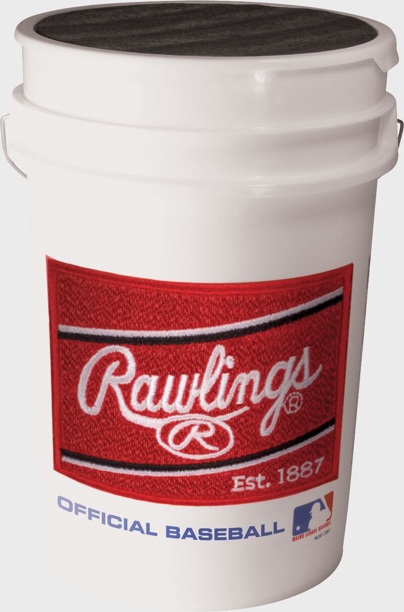 Rawlings patch logo on a white 6 gallon bucket with lid - SKU: RSXBUCK24 loading=