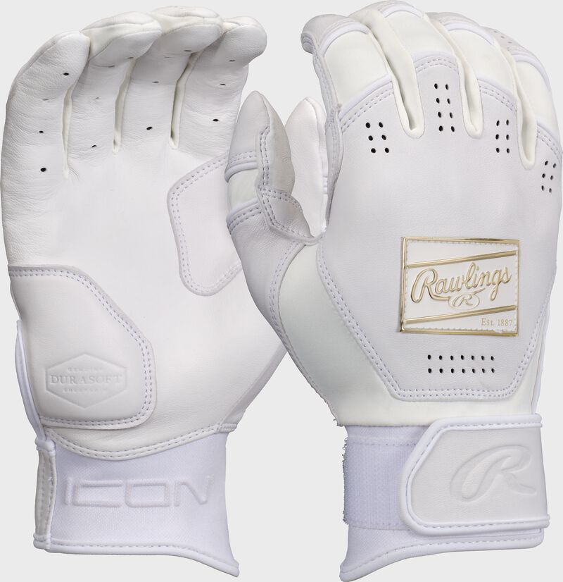 Two images of the palm & back of a pair of white Rawlings Icon batting gloves loading=