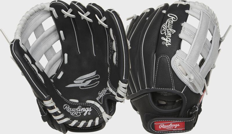 Two images showing the palm & back of a black Sure Catch 11" youth glove loading=