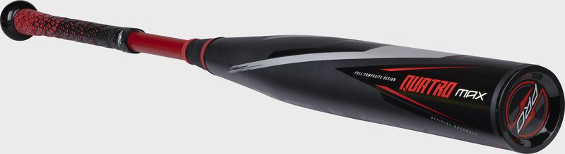 3/4 angle view of a black Quatro Pro BBCOR baseball bat with a black end cap - SKU: BB2QM3