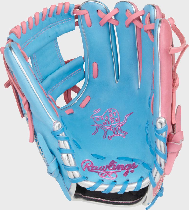 Palm of a Columbia blue/pink Heart of the Hide 11.5" infield glove with pink stamping and pink laces