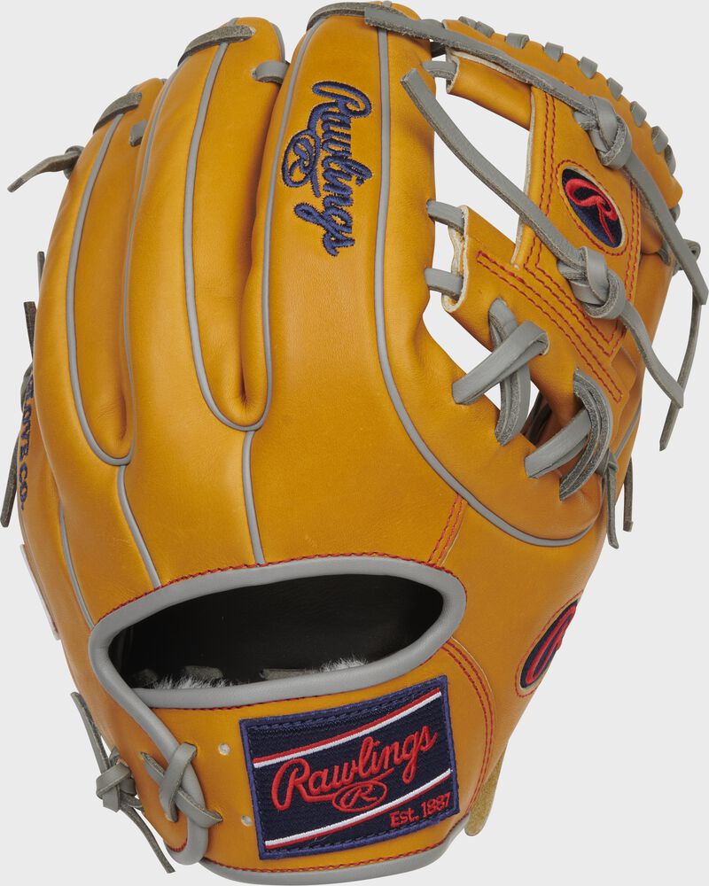 Back of a rich tan Pro Preferred 11.75" I-web glove with a black Rawlings patch - SKU: PROS315-2RT