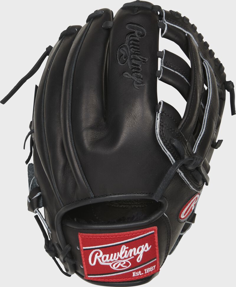Back of a black Heart of the Hide 12-Inch H-web glove with a red Rawlings patch - SKU: RSGPRO10006JBPRO