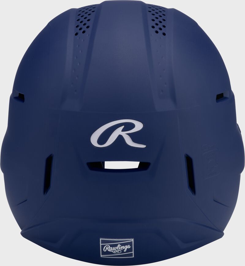 Back of a navy Rawlings RX2 fastpitch batting helmet