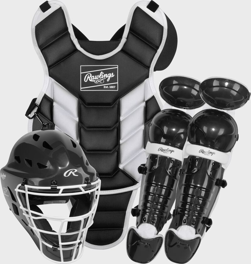 A black Rawlings Players 3 Series catcher's set with a helmet, chest protector, and leg guards