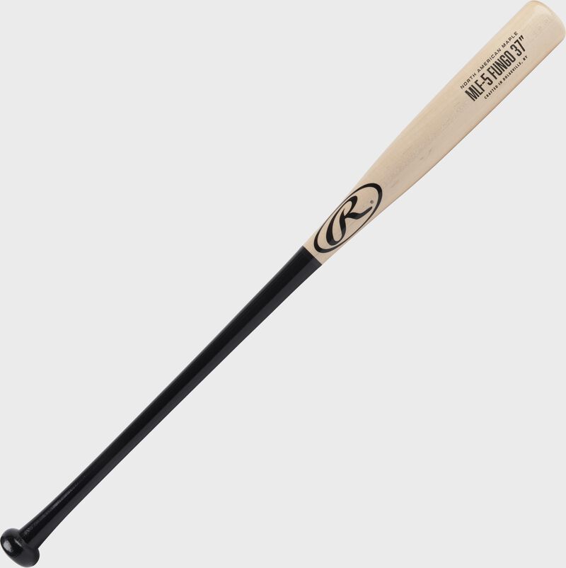 Angled view of a Black/Natural 37" Rawlings Maple fungo bat - SKU: MLF5-B-NA-37 loading=