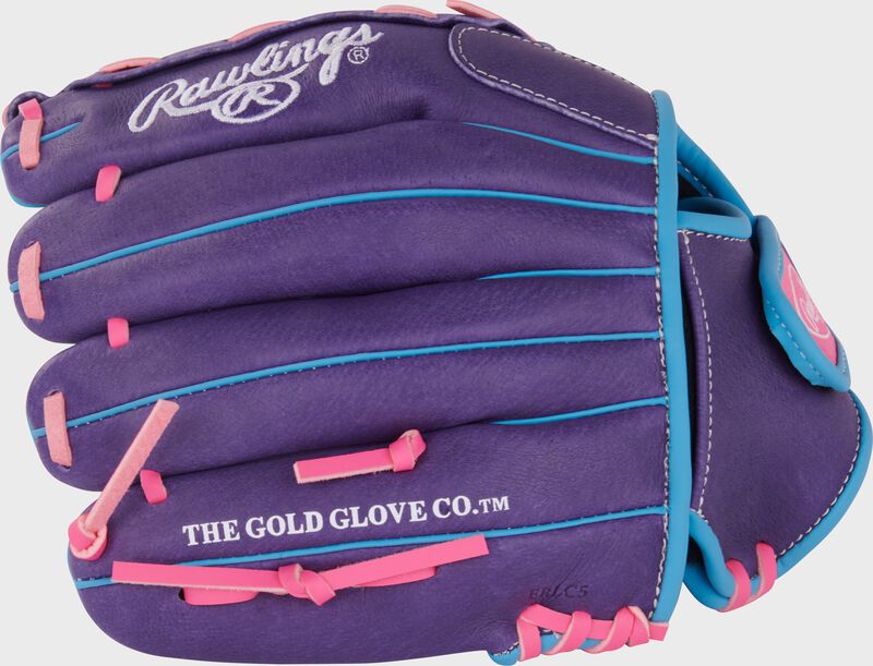 Finger backs of a purple/Columbia blue/pink Sure Catch Softball 11-inch Youth Softball Glove loading=