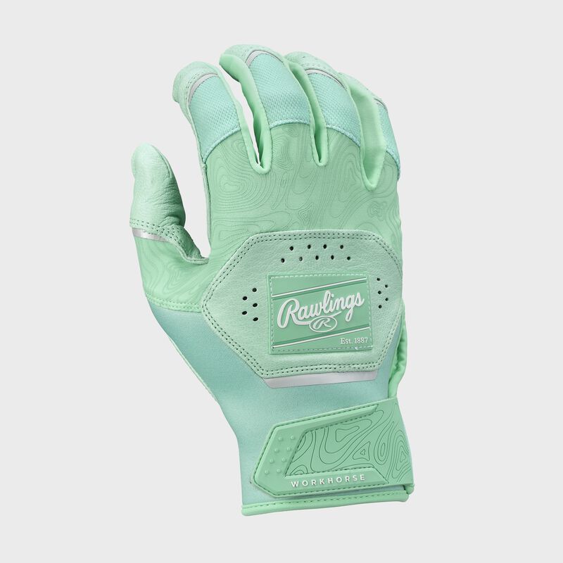 Back of a mint Rawlings Workhorse Batting glove
