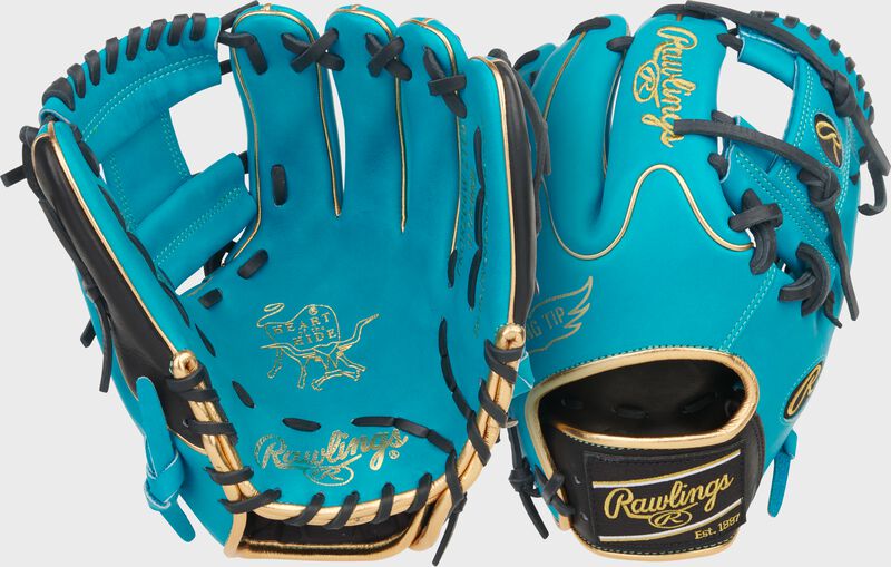 Two images showing the palm & back of a teal/black Exclusive Heart of the Hide Teal 11.5-inch Wing Tip Glove