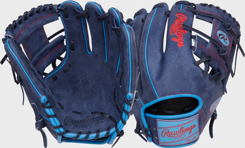 Two images showing the palm & back of a Heart of the Hide Pro Label denim infield glove