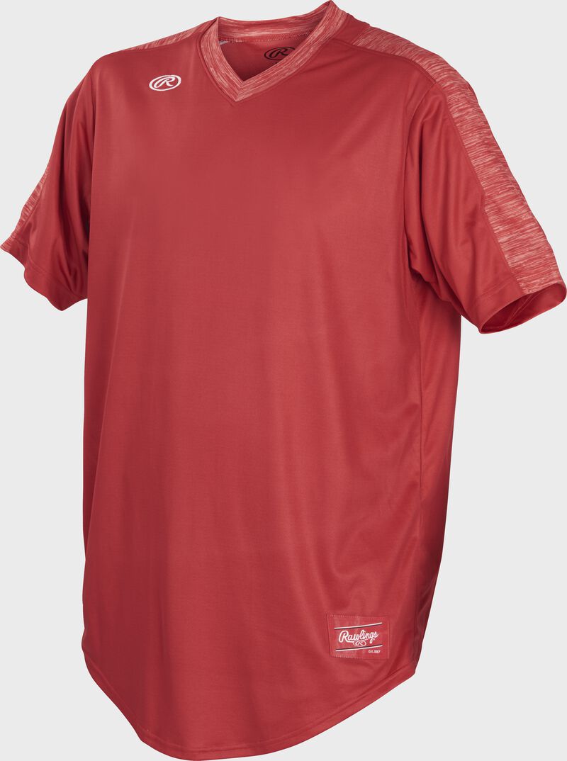 Front of Rawlings Scarlet Adult Short Sleeve Launch Jersey - SKU #LNCHJ-S loading=