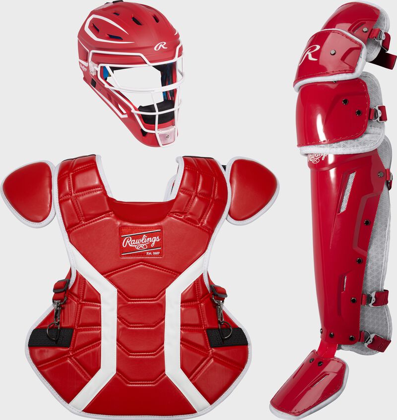 A scarlet Mach Pro Series Catcher's set with a helmet, chest protector, and leg guards