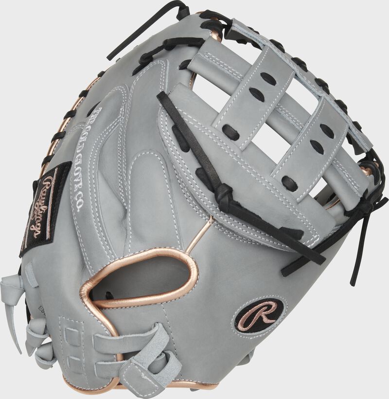 Back of a gray 33-Inch Heart of the Hide softball catcher's mitt with a pull strap back - SKU: PROCM33FP-24G loading=