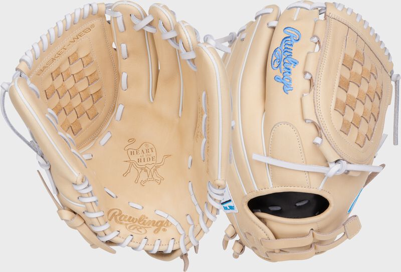 2 views showing the back/palm of a Rawlings Heart of the Hide 12.25" fastpitch basket web glove - SKU: PRO125SB-3C loading=