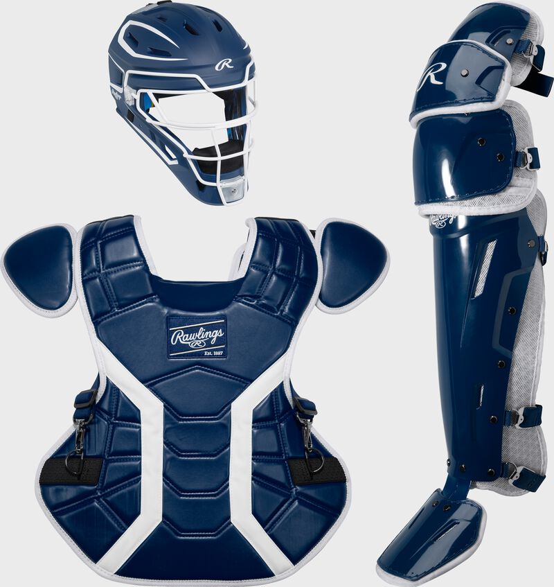 A navy Mach Pro Series Catcher's set with a helmet, chest protector, and leg guards