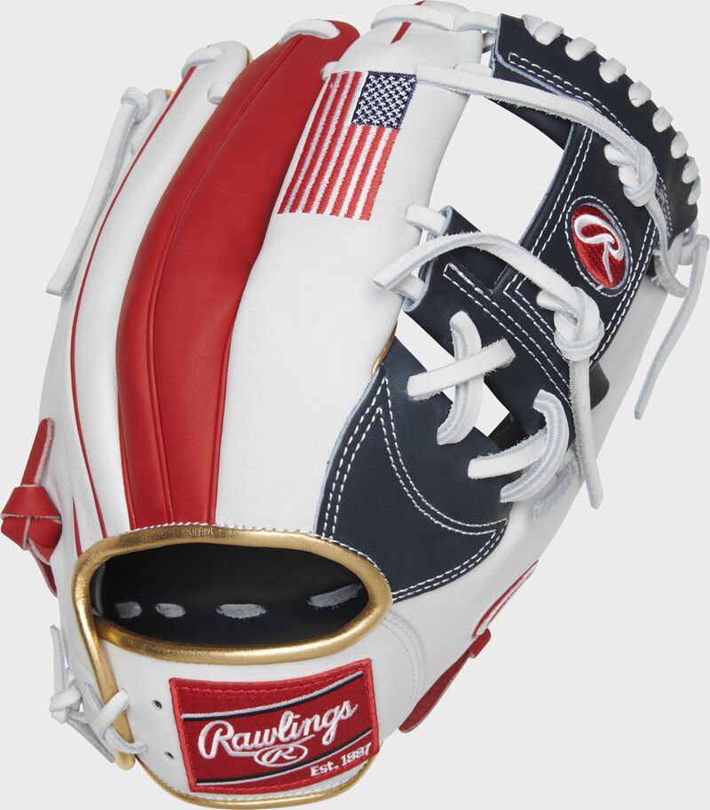 Scarlet/White back of a Heart of the Hide USA I-web glove with a red Rawlings patch - SKU: RSGPRONP5-2USA