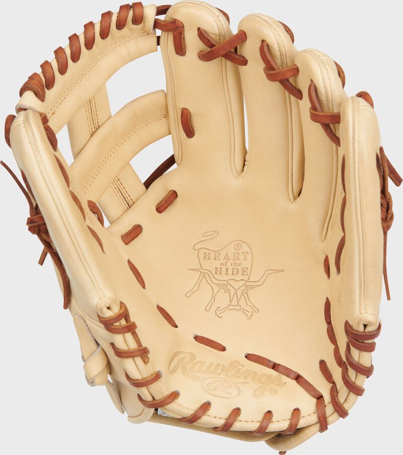 Camel palm of a Rawlings Trea Turner Heart of the Hide glove with tan laces - SKU: PRONP4-1TT loading=