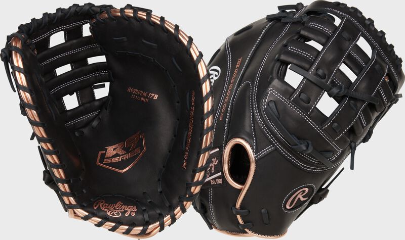 Two images showing the palm & back of a black R9 Series fastpitch first base mitt loading=