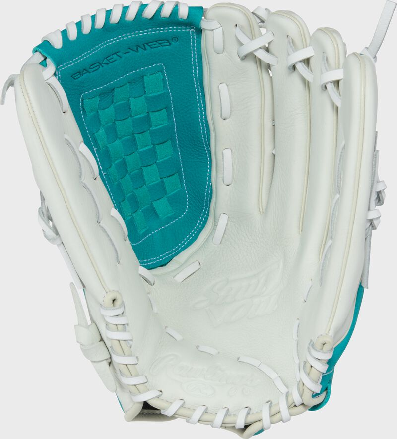 Palm of a white/teal Shut Out 13-inch Fastpitch Softball Glove
