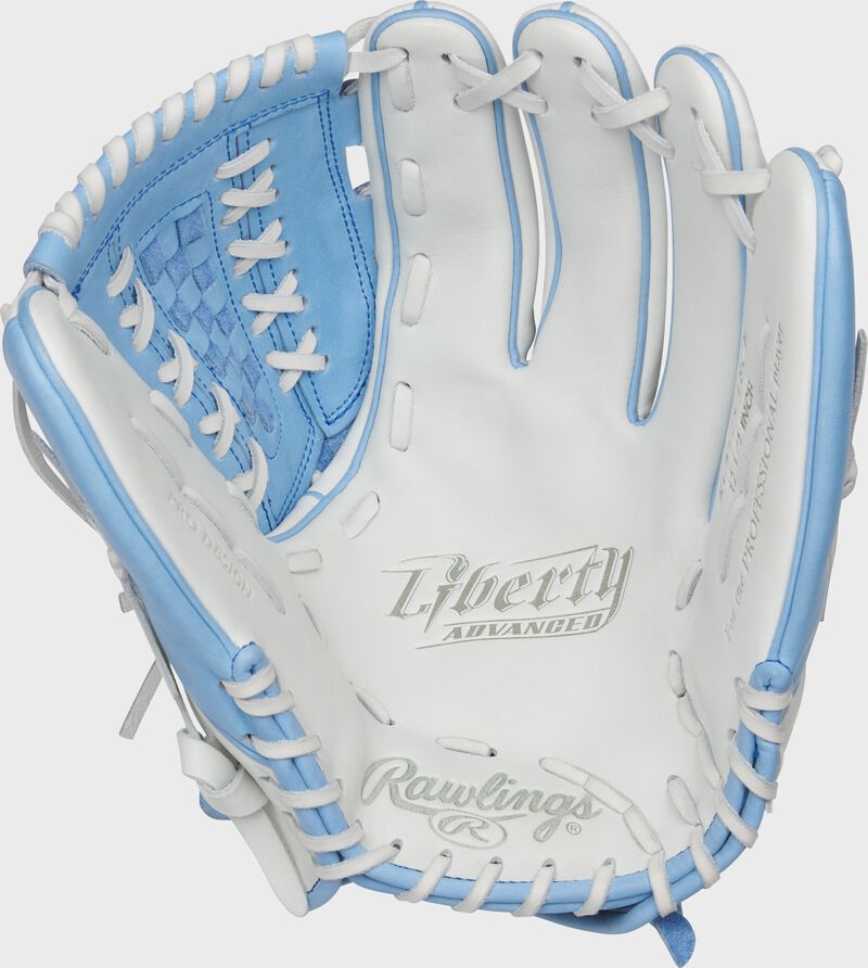 Inside palm of a Columbia Blue/White Liberty Advanced Color Series 12.5in Fast Pitch Glove | SKU:RLA125-18CB