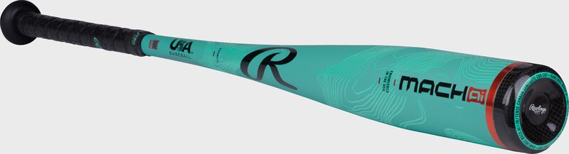 Angle image of a mint Rawlings Mach AI -10 USA Baseball bat