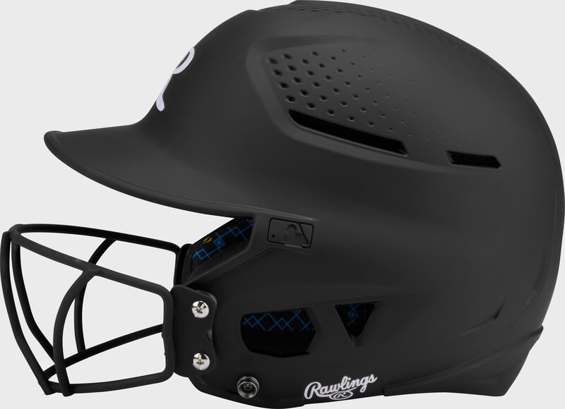 Left side of a black Rawlings RX2 fastpitch batting helmet