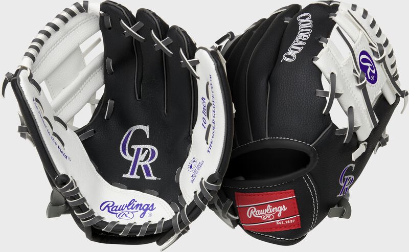 Two images showing the palm & back of a black Colorado Rockies team logo youth glove loading=
