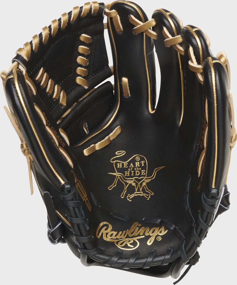 Black palm of a Rawlings Heart of the Hide Hyper Shell R2G glove with gold laces - SKU: PROR205-30BG