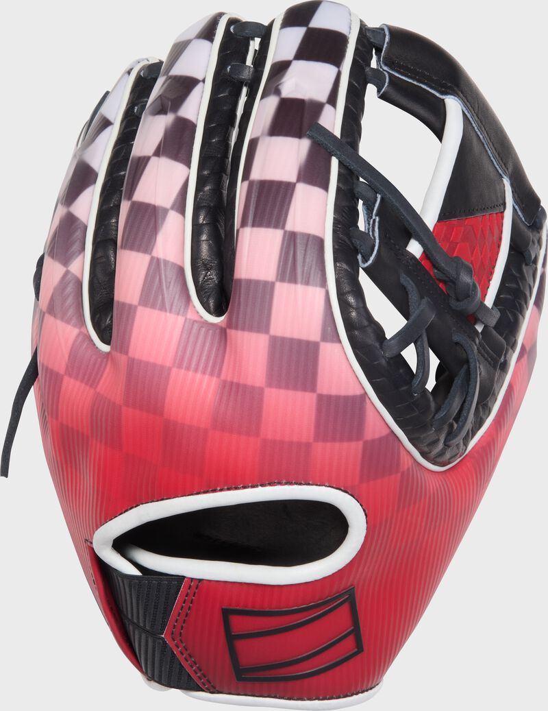 Red/black/white checker print back of a Rawlings REV1X Checkered Flag glove
