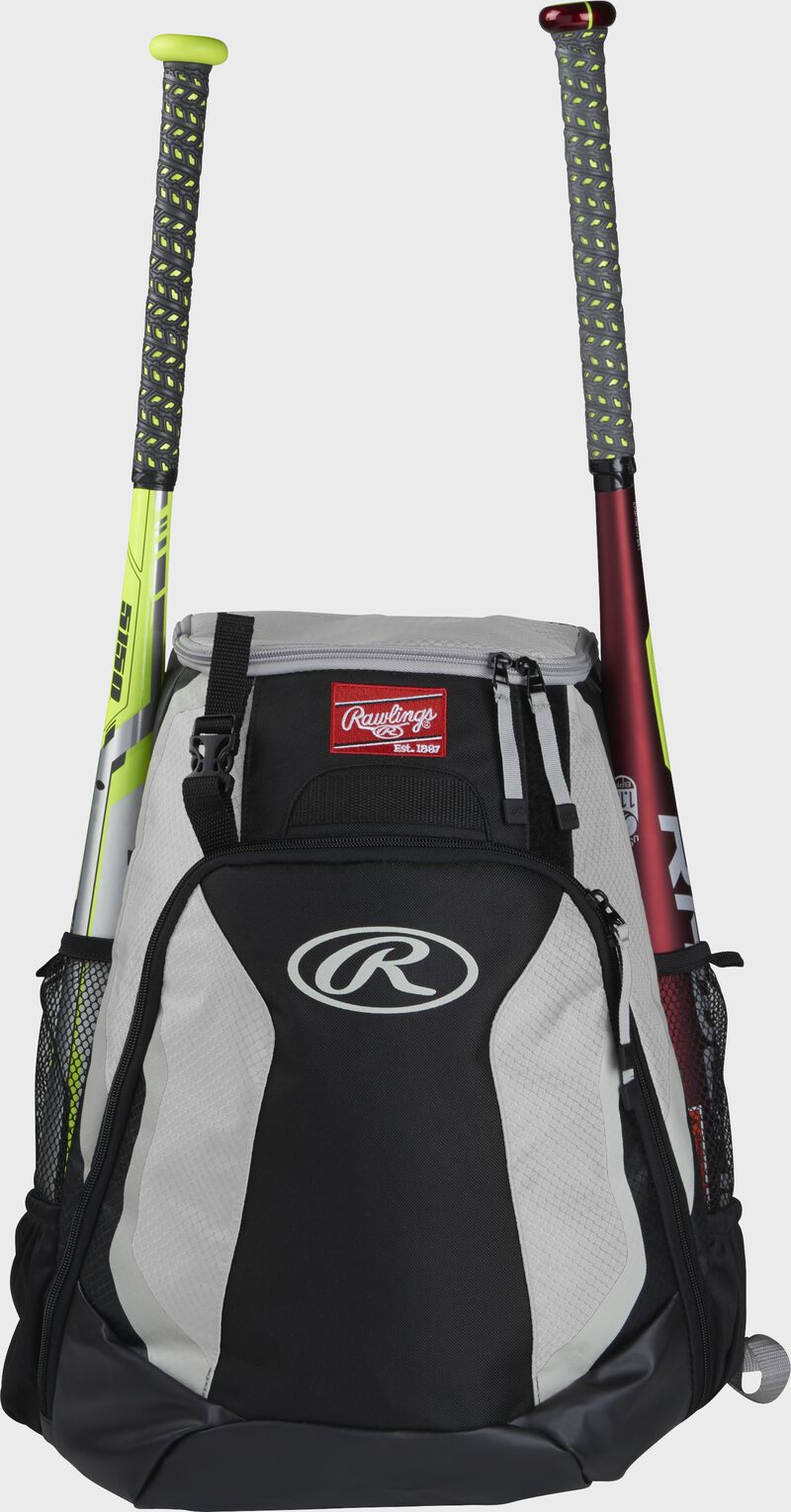 A black/white R500 Rawlings equipment backpack with a bat on each side