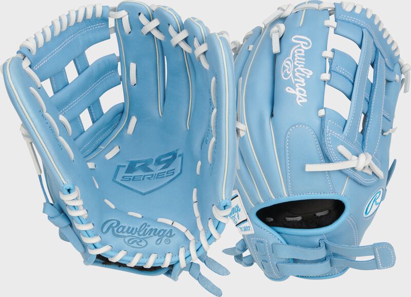 Two images showing the back & palm of a Columbia blue Rawlings R9 Series 12" infield fastpitch glove