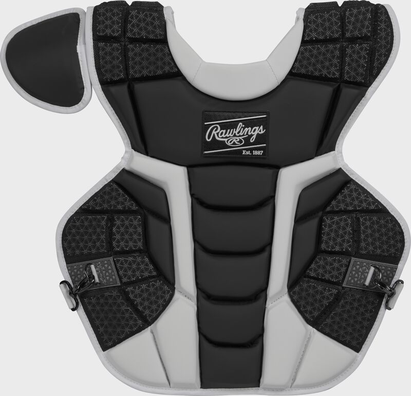 Front of a black/white CPMCN Rawlings Mach chest protector with Arc Reactor Core
