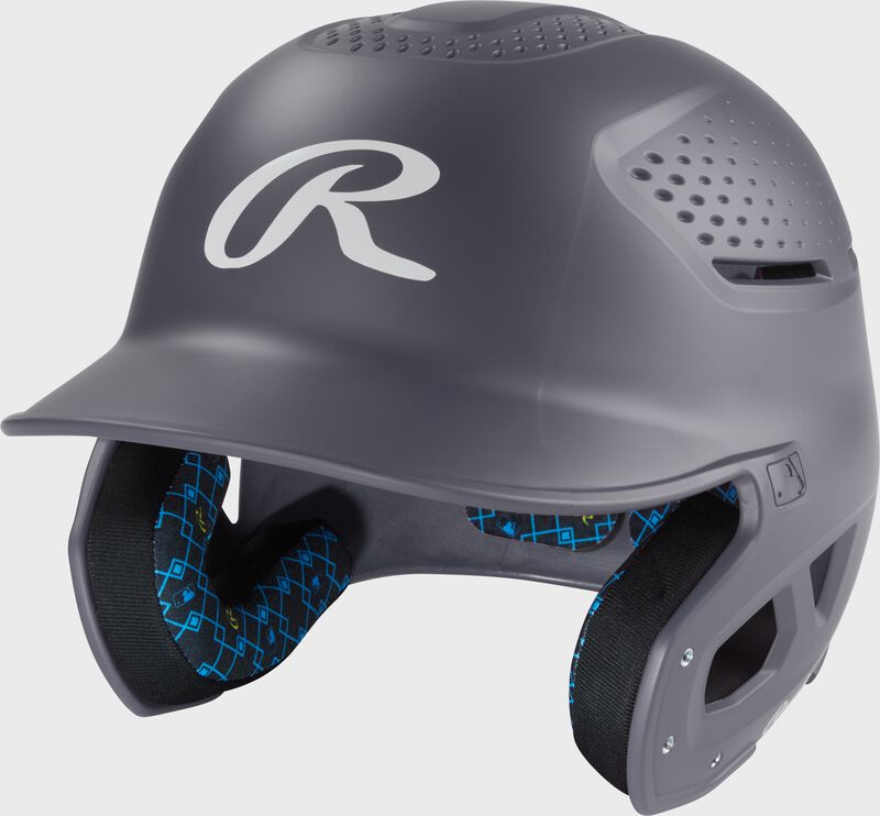 Front left of a graphite Rawlings RX2 batting helmet
