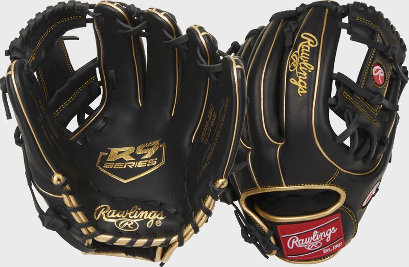 Two images showing the palm & back of a black R9 Series 11.5" infield glove loading=