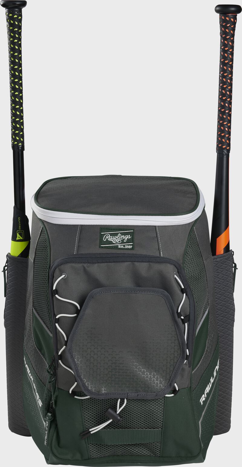 Front of a dark green Rawlings Impulse bag with a dark green Rawlings patch and two bats in the sides - SKU: IMPLSE-DG