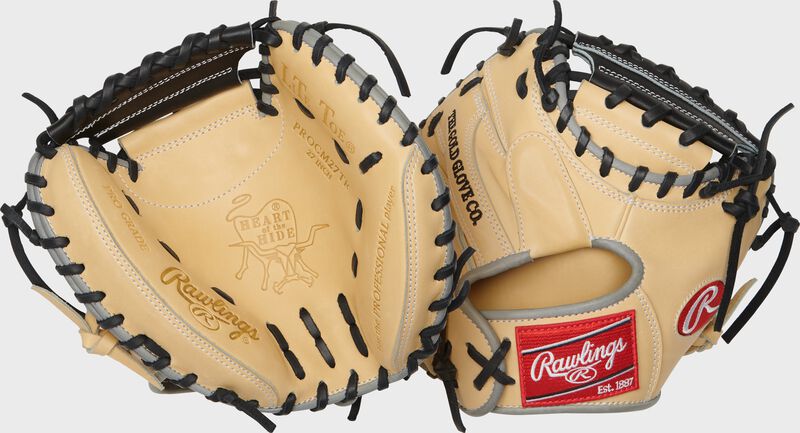 Two images showing the palm & back of a camel/black Heart of the Hide 27" catcher's training mitt loading=