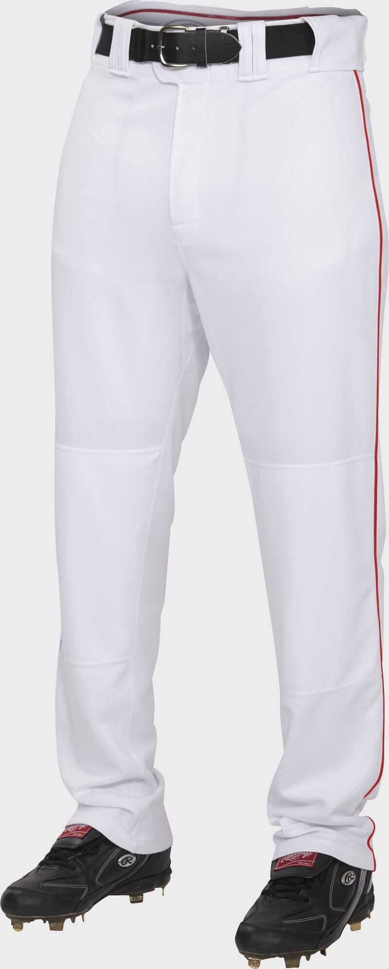 Front of Rawlings White/Scarlet Adult Semi-Relaxed Piped Pant - SKU #PRO150P-W/S loading=