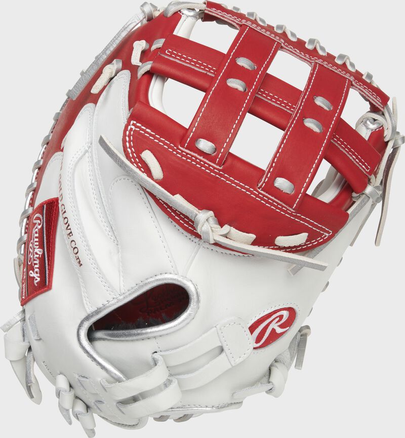 Back of white/scarlet Liberty Advanced Color Series catcher's mitt - SKU: RLACM34FPWSP loading=